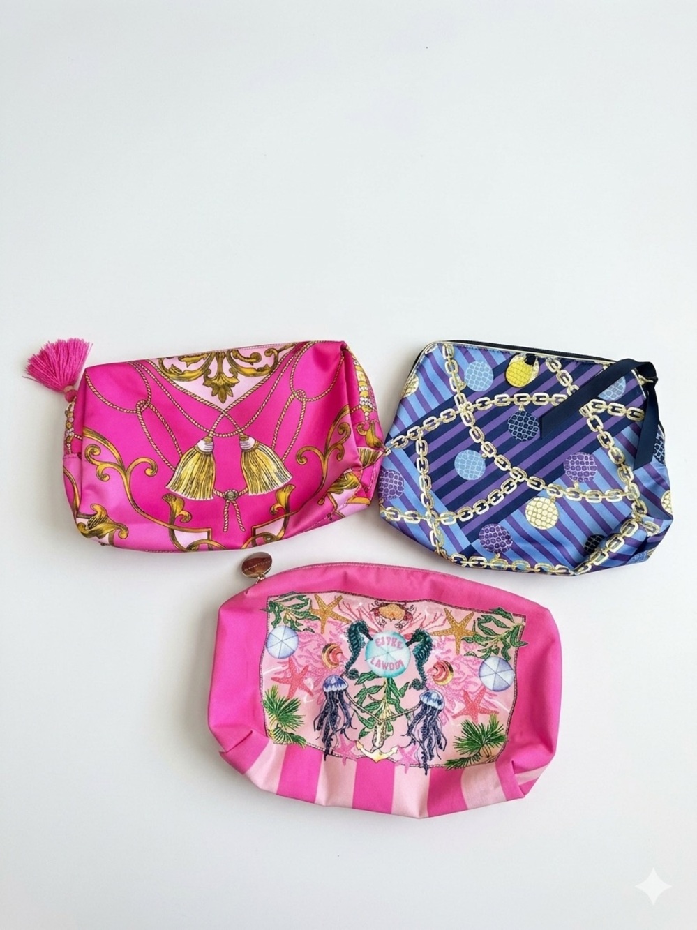 Set of 3 Pink and Blue Printed Cosmetic Pouches Estee Lauderdale